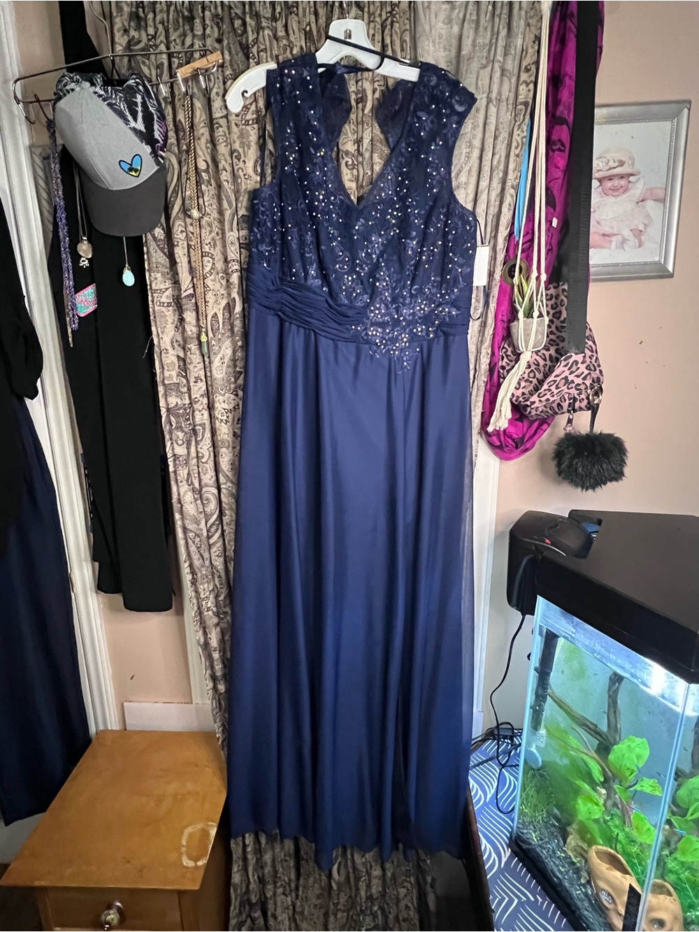 Cachet Navy Blue Sequined V-Neck Sleeveless Wedding Dress